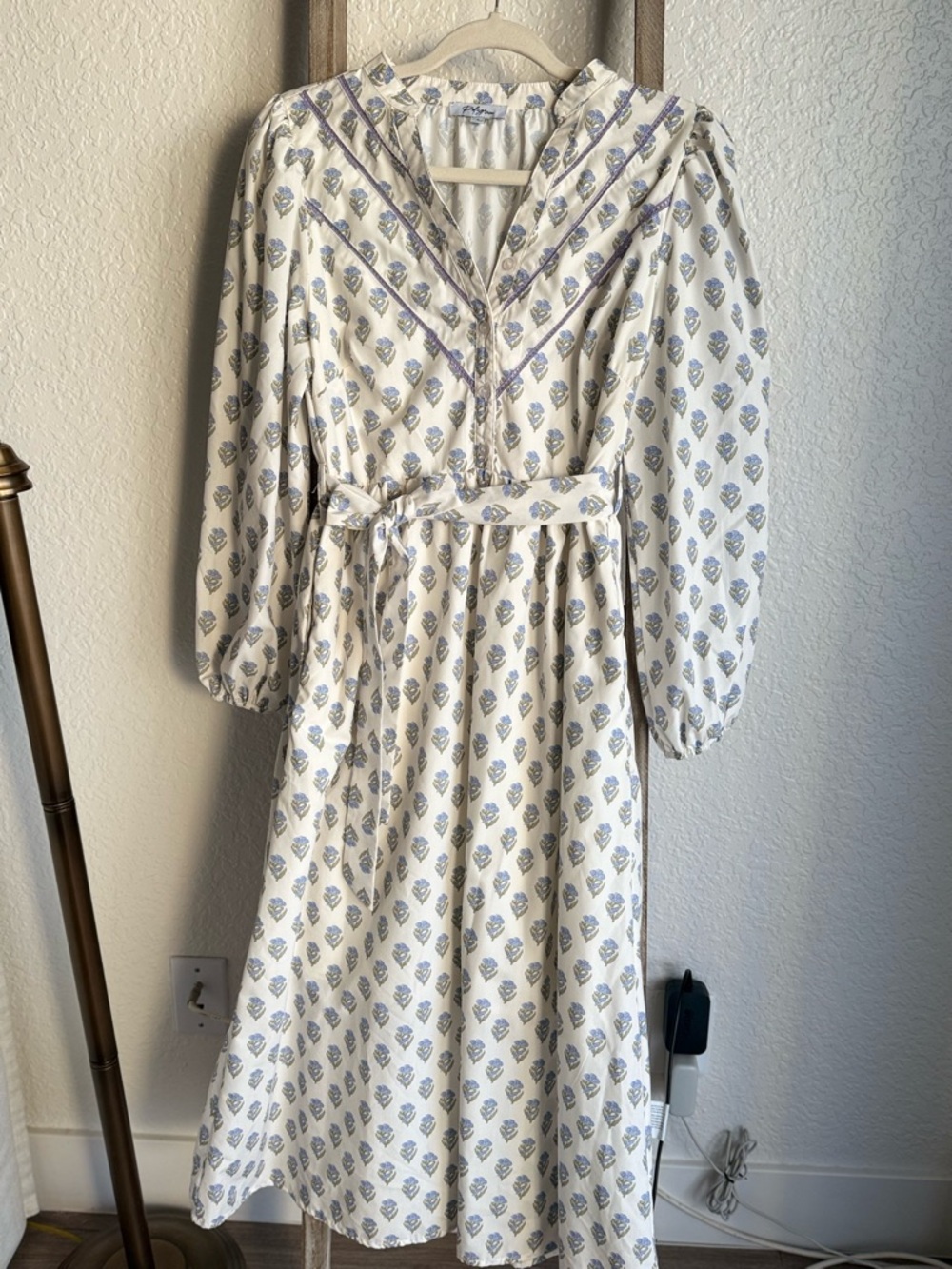 Cream Midi Dress with Blue Floral Print and Self-Tie Waist